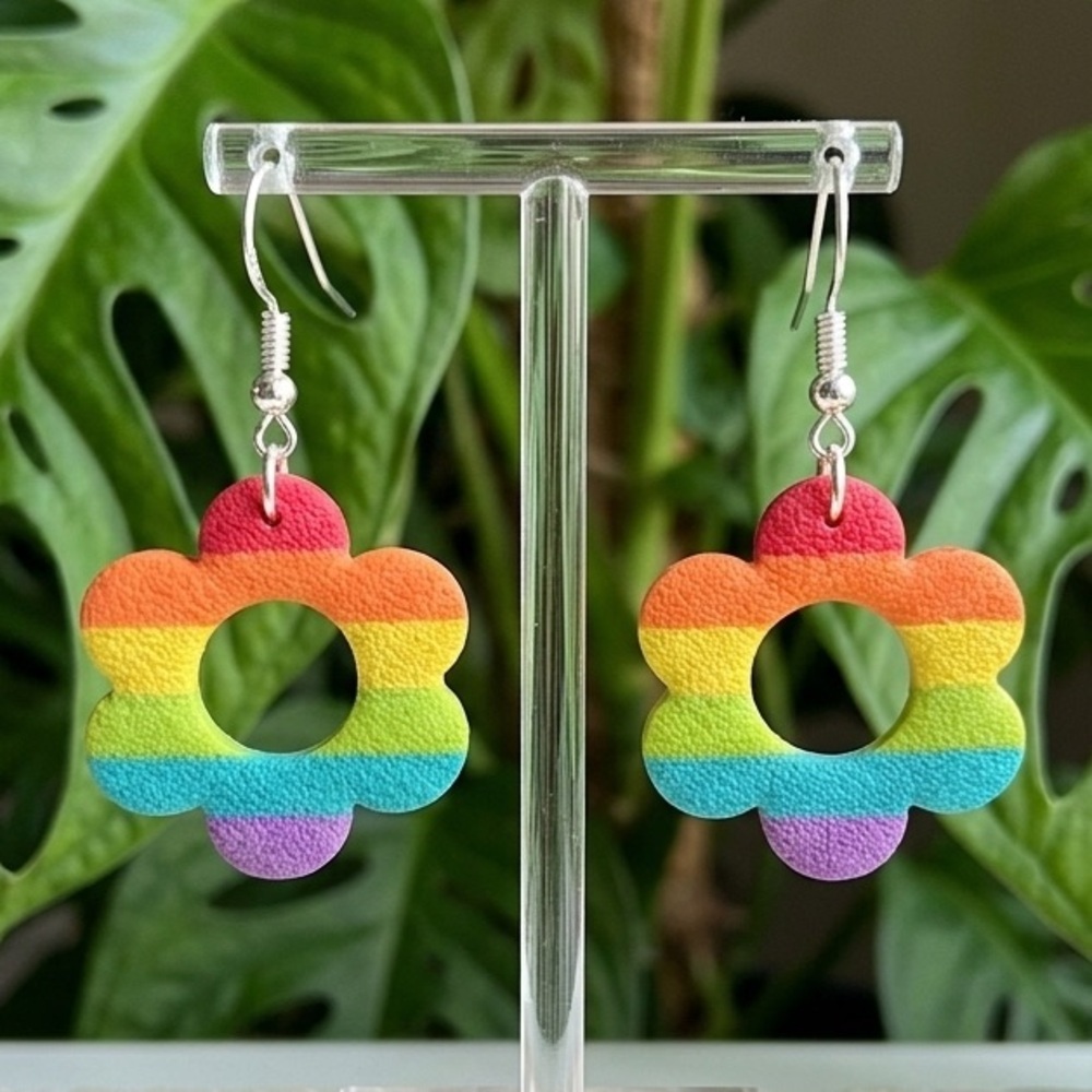 Rainbow Stripe Flower Dangle Earrings - Handmade - 3"